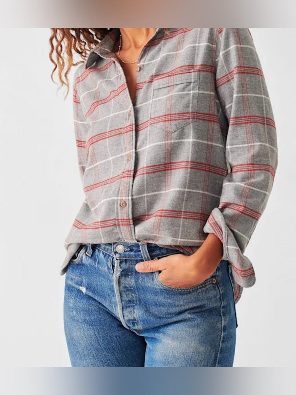 Faherty Gray Red and White Plaid Flannel Button Down - Size M - Picture 1 of 8